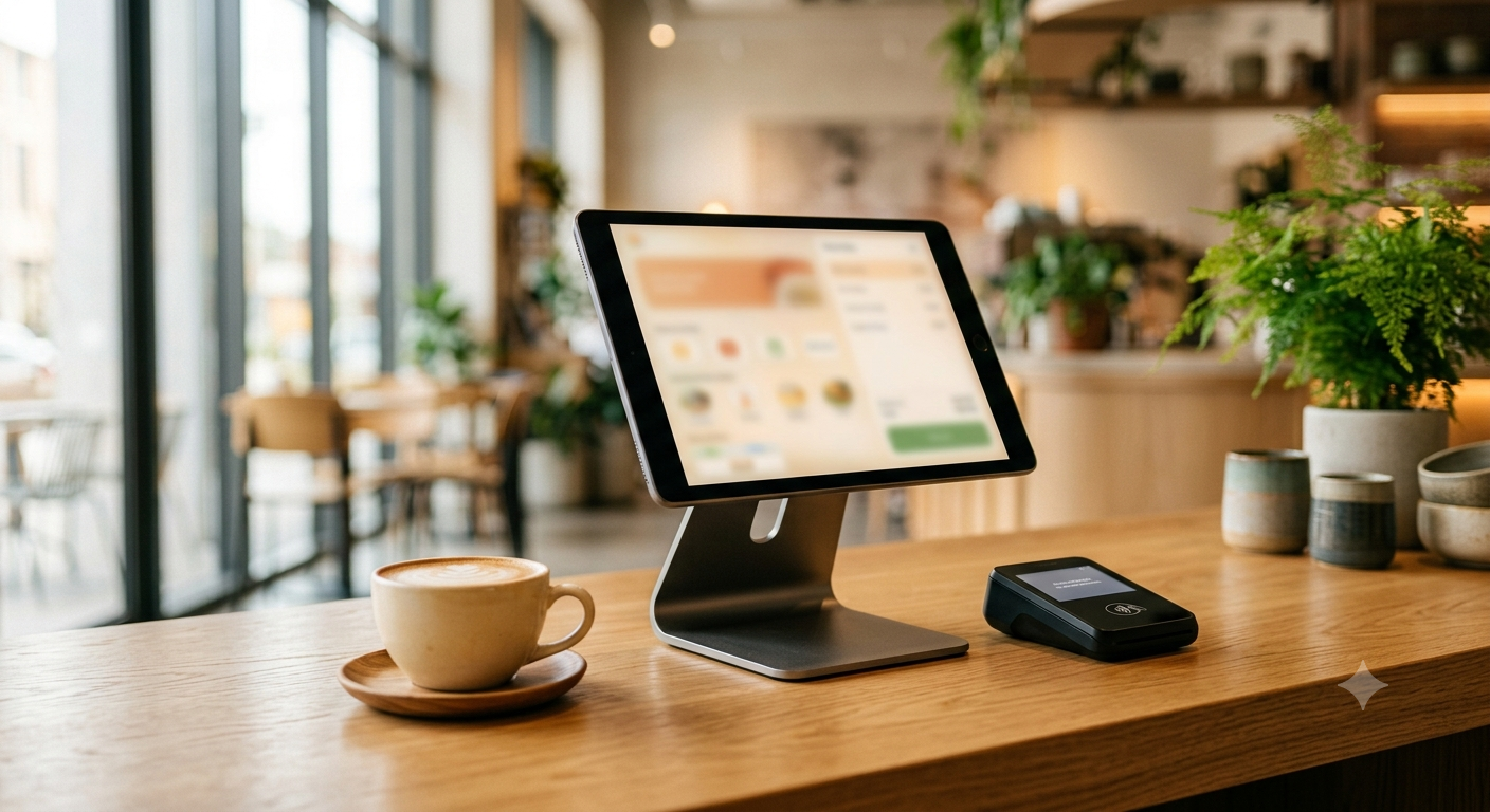 A POS terminal and tap-to-pay reader on a café counter