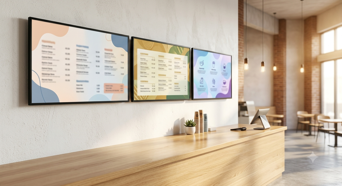 Digital menu boards above a café counter