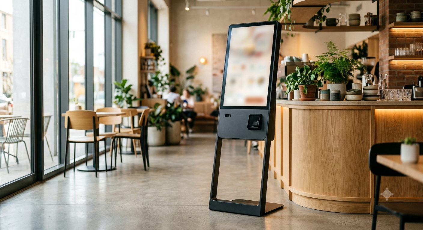 A self-service ordering kiosk in a modern café