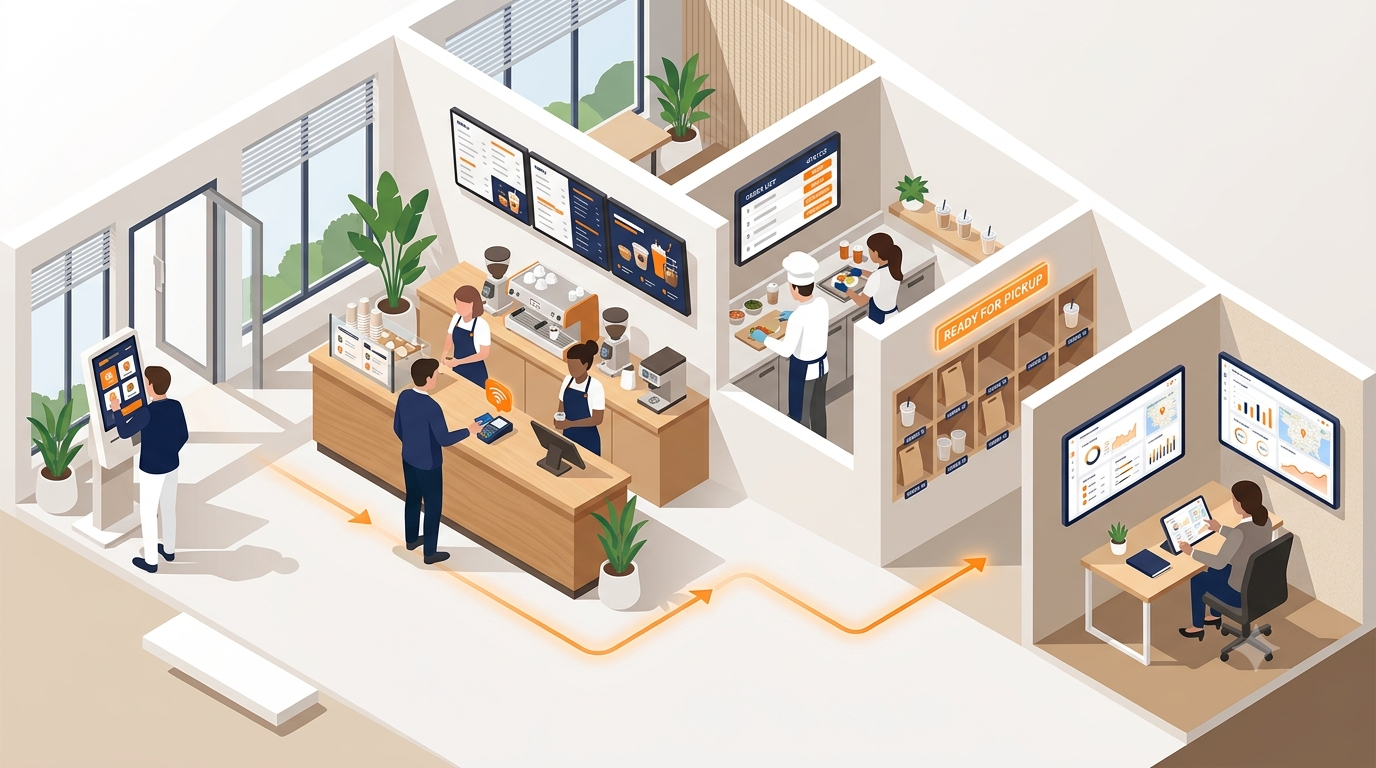 A single order flowing from the self-order kiosk to the counter, kitchen, pickup shelf and the owner's live dashboard