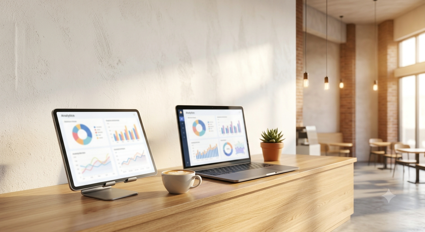Live sales dashboards on a tablet and laptop at the counter